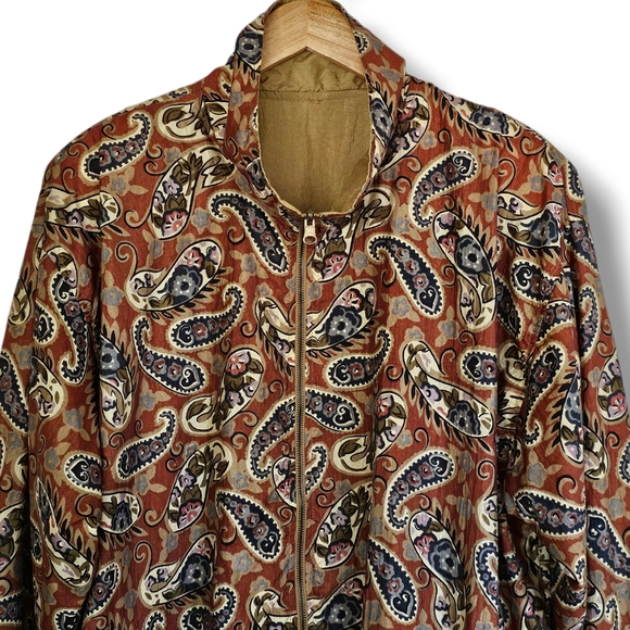 Vintage 90s Track Jacket Windbreaker Bomber Size 2X Paisley Tan Reversible Retro - Picture 5 of 15